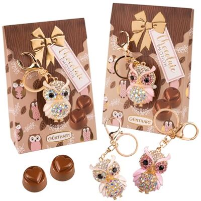 Günthart 12 Stück Glitzer Eulen als Schlüsselanhänger, verschiedene Motive an einer BOX gefüllt mit Schokolade, 1er Pack (1390 gr) Günthart 12 Stück Glitzer Eulen als Schlüsselanhänger, verschiedene Motive an einer BOX gefüllt mit Schokolade, 1er Pack (1390 gr)