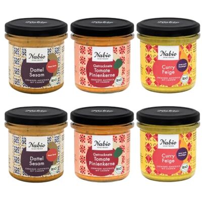 NABIO Cremige Bio Aufstrich Mixbox mit Cashew im 6er Pack 2x Dattel Sesam, 2x Getrocknete Tomate Pinienkerne, 2x Curry Feige NABIO Cremige Bio Aufstrich Mixbox mit Cashew im 6er Pack 2x Dattel Sesam, 2x Getrocknete Tomate Pinienkerne, 2x Curry Feige