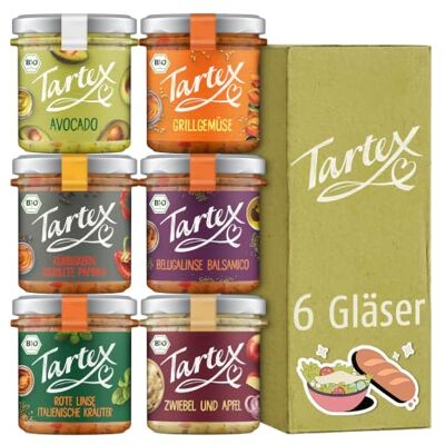 Tartex Brotzeit Box Bio vegane Brotaufstriche 6 Gläser Herzhaft & vegan 6 beliebte Sorten lecker aufs Brot oder als Dip im Vorteilspack, 820g Tartex Brotzeit Box Bio vegane Brotaufstriche 6 Gläser Herzhaft & vegan 6 beliebte Sorten lecker aufs Brot oder als Dip im Vorteilspack, 820g