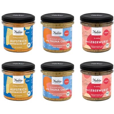 NABIO Vegane Brotzeitbox 6er Box Bio-Aufstriche I 2x Aufstrich bayerische Art, 2x Wie Leberwurst, 2x Wie Thuna Creme I vegan I (6 x 135g) NABIO Vegane Brotzeitbox 6er Box Bio-Aufstriche I 2x Aufstrich bayerische Art, 2x Wie Leberwurst, 2x Wie Thuna Creme I vegan I (6 x 135g)