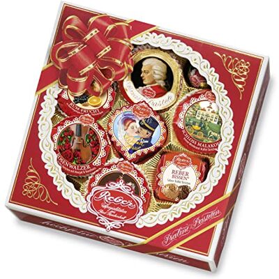 Reber Quadrat-Kassette, Pralinen, Mozart-Kugel, Marzipan, Pasteten, Tolles Geschenk, 340g, 11er-Packung Reber Quadrat-Kassette, Pralinen, Mozart-Kugel, Marzipan, Pasteten, Tolles Geschenk, 340g, 11er-Packung