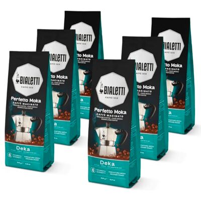 Bialetti Perfetto Moka Deka: Gemahlener Kaffee mit mittlerer Röstung, Getreide-Aroma, 250g x 6, Beutel mit Aromaventil Bialetti Perfetto Moka Deka: Gemahlener Kaffee mit mittlerer Röstung, Getreide-Aroma, 250g x 6, Beutel mit Aromaventil