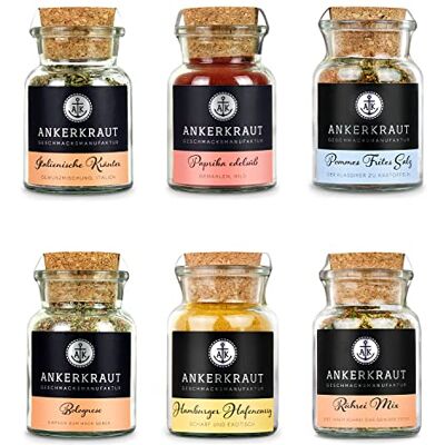 Ankerkraut Küchen Starter-Set mit 6 Gewürzen, Geschenk für Männer/Frauen/Div, Kitchen-Basic Starter-Kit, zum Einzug & Umzug, Inspiration zum Kochen Ankerkraut Küchen Starter-Set mit 6 Gewürzen, Geschenk für Männer/Frauen/Div, Kitchen-Basic Starter-Kit, zum Einzug & Umzug, Inspiration zum Kochen