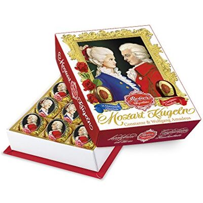 Reber Wolfgang & Constanze Mozart-Kugeln Barock, 12er Packung, Mozart-Kugeln aus Zartbitter- Alpenmilch-Schokolade, Gefüllt mit Pistazien, Marzipan, Mandeln, Haselnuss-Nougat, 240g Reber Wolfgang & Constanze Mozart-Kugeln Barock, 12er Packung, Mozart-Kugeln aus Zartbitter- Alpenmilch-Schokolade, Gefüllt mit Pistazien, Marzipan, Mandeln, Haselnuss-Nougat, 240g