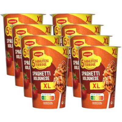 Maggi 5 Minuten Terrine XL Spaghetti Bolognese, 8er Pack (8 x 81g) Leckeres Fertiggericht mit Instant Nudeln, Pasta-Snack in würziger Rindfleisch-Sauce Maggi 5 Minuten Terrine XL Spaghetti Bolognese, 8er Pack (8 x 81g) Leckeres Fertiggericht mit Instant Nudeln, Pasta-Snack in würziger Rindfleisch-Sauce