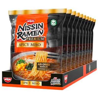 NISSIN Ramen Premium Spicy Miso Restaurant-Style 10er Pack Restaurant-Style Ramen mit leicht scharfem Miso-Geschmack und Wakame-Flocken. Für Genießer mit hohem Anspruch. NISSIN Ramen Premium Spicy Miso Restaurant-Style 10er Pack Restaurant-Style Ramen mit leicht scharfem Miso-Geschmack und Wakame-Flocken. Für Genießer mit hohem Anspruch.