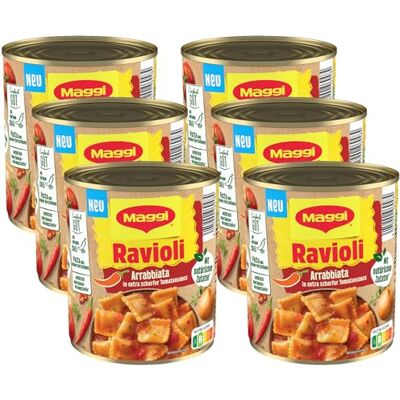 Maggi Ravioli Arrabbiata, leckeres Fertiggericht mit Fleisch gefüllten Nudeln in scharfer Tomatensauce, das Pasta-Original ideal fürs Camping oder den Vorratsschrank, 6er Pack (6 x 800g) Maggi Ravioli Arrabbiata, leckeres Fertiggericht mit Fleisch gefüllten Nudeln in scharfer Tomatensauce, das Pasta-Original ideal fürs Camping oder den Vorratsschrank, 6er Pack (6 x 800g)