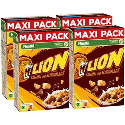 NESTLE Nestlé Lion Cereals, Cornflakes mit Schoko und Karamell Geschmack, 41% vitales Vollkorn, Mit Vitaminen und Mineralstoffen, Crunchy Knusper Flakes, Maxi Vorratspackung, 4er Pack (4x675g) NESTLE Nestlé Lion Cereals, Cornflakes mit Schoko und Karamell Geschmack, 41% vitales Vollkorn, Mit Vitaminen und Mineralstoffen, Crunchy Knusper Flakes, Maxi Vorratspackung, 4er Pack (4x675g)