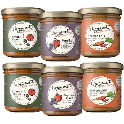 Vegannett Bio Brotaufstrich mit Cashew & Erdnuss (Feinkost) 6 x 135 g Handwerklich hergestellter Aufstrich mit regionalem Gemüse und exotischen Gewürzen Herzhaft, vegan & ohne Zusatzstoffe Vegannett Bio Brotaufstrich mit Cashew & Erdnuss (Feinkost) 6 x 135 g Handwerklich hergestellter Aufstrich mit regionalem Gemüse und exotischen Gewürzen Herzhaft, vegan & ohne Zusatzstoffe