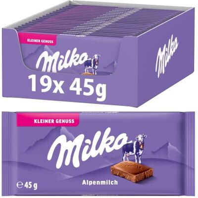 Milka Die Kleine Alpenmilch, Kleiner Genuss, 45 g (19er-Pack) Zarte Vollmilchschokolade aus Alpenmilch im Mini-Format Milka Die Kleine Alpenmilch, Kleiner Genuss, 45 g (19er-Pack) Zarte Vollmilchschokolade aus Alpenmilch im Mini-Format