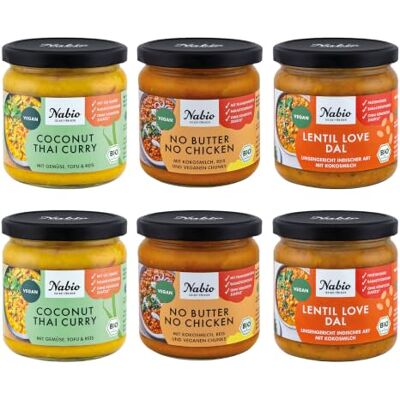 NABIO Bio Fertiggerichte-Mix mit asiatischer Note im 6er Pack I 2x No Butter No Chicken (330 g), 2x Thai Coconut Curry (350 g), 2x Lentil Love Dal (350 g). NABIO Bio Fertiggerichte-Mix mit asiatischer Note im 6er Pack I 2x No Butter No Chicken (330 g), 2x Thai Coconut Curry (350 g), 2x Lentil Love Dal (350 g).