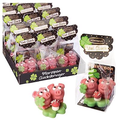 Günthart 15 Marzipan Schweinchen auf Kleeblatt, im Cellophanbeutel einzeln verpackt mit Zutatenliste mit je 27 gr, 1er Pack (405 gr) Günthart 15 Marzipan Schweinchen auf Kleeblatt, im Cellophanbeutel einzeln verpackt mit Zutatenliste mit je 27 gr, 1er Pack (405 gr)