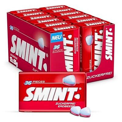 Smint 2 Layer Erdbeere Mints Bonbons, 12 Pack, Metall-Dose enthält je 35 Minzbonbons in fruchtigem Erdbeer-Geschmack, vegan, Großpackung 12 x 35 Stück Smint 2 Layer Erdbeere Mints Bonbons, 12 Pack, Metall-Dose enthält je 35 Minzbonbons in fruchtigem Erdbeer-Geschmack, vegan, Großpackung 12 x 35 Stück