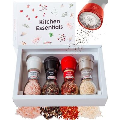 Kotanyi Kotányi Kitchen Essentials Gewürzmühlen Set Mitbringsel für Erwachsene mit Salz, Pfeffer, Chili & Knoblauchpulver Vatertagsgeschenk für Papa Kotanyi Kotányi Kitchen Essentials Gewürzmühlen Set Mitbringsel für Erwachsene mit Salz, Pfeffer, Chili & Knoblauchpulver Vatertagsgeschenk für Papa