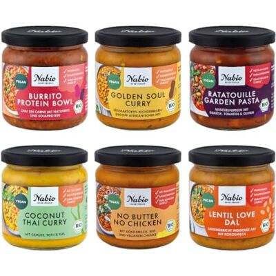 NABIO Bio Fertiggerichte-Mix im 6er Pack I 1x Golden Soul Curry,1x Ratatouille Garden Pasta,1x No Butter No Chicken,1x Burrito Protein Bowl,1x Thai Coconut Curry,1x Lentil Love (5x350g, 1x330g) NABIO Bio Fertiggerichte-Mix im 6er Pack I 1x Golden Soul Curry,1x Ratatouille Garden Pasta,1x No Butter No Chicken,1x Burrito Protein Bowl,1x Thai Coconut Curry,1x Lentil Love (5x350g, 1x330g)