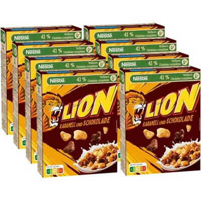 Nestlé LION Cereals, Schoko Cerealien mit Karamell und 41% Vollkorn, Frühstücksflocken mit Vitaminen & Mineralstoffen, 8er Pack (8x400g) Nestlé LION Cereals, Schoko Cerealien mit Karamell und 41% Vollkorn, Frühstücksflocken mit Vitaminen & Mineralstoffen, 8er Pack (8x400g)
