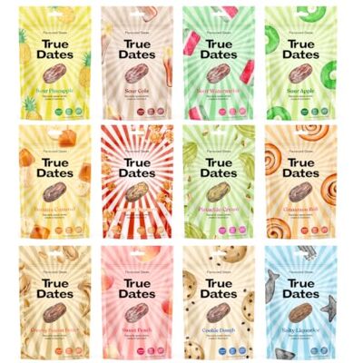 True Gum True Dates Probierset 12 Sorten Pineapple, Banana, Cola, Peach, Peanut, Cookie, Pistachio, Cinnamon, Salty Liquorice, Watermelon, Apple, Popcorn natürlich aromatisierte Datteln 12x100 g True Gum True Dates Probierset 12 Sorten Pineapple, Banana, Cola, Peach, Peanut, Cookie, Pistachio, Cinnamon, Salty Liquorice, Watermelon, Apple, Popcorn natürlich aromatisierte Datteln 12x100 g