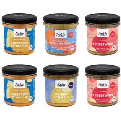 NABIO Herzhafte Brotzeitbox I 6er Box Bio-Aufstriche I 2x Aufstrich bayerische Art, 2x Wie Leberwurst, 1x Wie Thuna Creme, 1x Zwiebelschmelz I vegan I (6 x 135g) NABIO Herzhafte Brotzeitbox I 6er Box Bio-Aufstriche I 2x Aufstrich bayerische Art, 2x Wie Leberwurst, 1x Wie Thuna Creme, 1x Zwiebelschmelz I vegan I (6 x 135g)