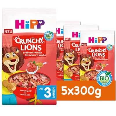 HiPP Bio Crunchy Lions Erdbeer-Vanille Müesli (5 x 300g), Kinder Frühstücksmüsli, Knuspermüsli mit gefriergetrockneten Erdbeeren und Vanilleextrakt, mit Tapiokasirup gesüßt, ab 3 Jahren HiPP Bio Crunchy Lions Erdbeer-Vanille Müesli (5 x 300g), Kinder Frühstücksmüsli, Knuspermüsli mit gefriergetrockneten Erdbeeren und Vanilleextrakt, mit Tapiokasirup gesüßt, ab 3 Jahren