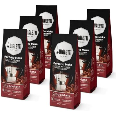 Bialetti Perfetto Moka Cioccolato: Gemahlener Kaffee mit mittlerer Röstung, Schokoladenaroma, 250g x 6, Beutel mit Aromaventil Bialetti Perfetto Moka Cioccolato: Gemahlener Kaffee mit mittlerer Röstung, Schokoladenaroma, 250g x 6, Beutel mit Aromaventil