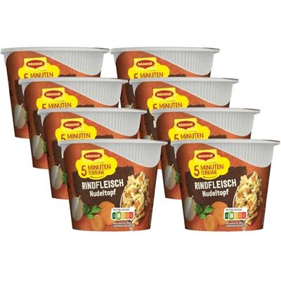 Maggi 5 Minuten Terrine Rindfleisch Nudeltopf, 8er Pack (8 x 42g) Leckeres Fertiggericht mit Instant Nudeln, Pasta-Snack mit saftigem Rindfleisch & knackigen Karrotten Maggi 5 Minuten Terrine Rindfleisch Nudeltopf, 8er Pack (8 x 42g) Leckeres Fertiggericht mit Instant Nudeln, Pasta-Snack mit saftigem Rindfleisch & knackigen Karrotten