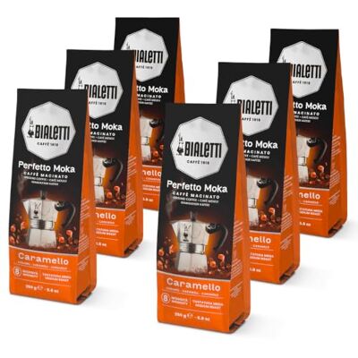 Bialetti Perfetto Moka Caramello: Gemahlener Kaffee, Karamellgeschmack, 250g x 6, Beutel mit Aromaventil Bialetti Perfetto Moka Caramello: Gemahlener Kaffee, Karamellgeschmack, 250g x 6, Beutel mit Aromaventil