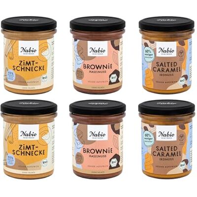 NABIO 6er Box Süße Aufstriche I Je 2x Zimtschnecke, Brownie Haselnuss und Salted Caramel I vegan und ohne Palmöl I (6 x 175g) NABIO 6er Box Süße Aufstriche I Je 2x Zimtschnecke, Brownie Haselnuss und Salted Caramel I vegan und ohne Palmöl I (6 x 175g)