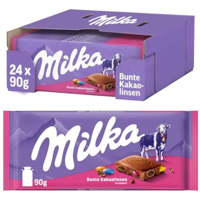 Milka Tafelschokolade mit bunten Kakaolinsen, 90 g (24er-Pack) Leckerer Schokolade mit bunten Kakao-Linsen für knusprige Momente zwischendurch Milka Tafelschokolade mit bunten Kakaolinsen, 90 g (24er-Pack) Leckerer Schokolade mit bunten Kakao-Linsen für knusprige Momente zwischendurch
