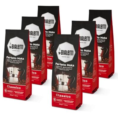 Bialetti Perfetto Moka Classico: Gemahlener Kaffee mit mittlerer Röstung, Aroma von Haselnüssen und Getrockneten Früchten, 250g x 6, Beutel mit Aromaventil Bialetti Perfetto Moka Classico: Gemahlener Kaffee mit mittlerer Röstung, Aroma von Haselnüssen und Getrockneten Früchten, 250g x 6, Beutel mit Aromaventil