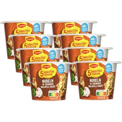 Maggi 5 Minuten Terrine Nudeln in Waldpilz-Sauce, 8er Pack (8 x 56g) Leckeres Fertiggericht mit Instant Nudeln, Pasta-Snack mit aromatischen Pfifferlingen & Butterpilzen, vegetarisch Maggi 5 Minuten Terrine Nudeln in Waldpilz-Sauce, 8er Pack (8 x 56g) Leckeres Fertiggericht mit Instant Nudeln, Pasta-Snack mit aromatischen Pfifferlingen & Butterpilzen, vegetarisch