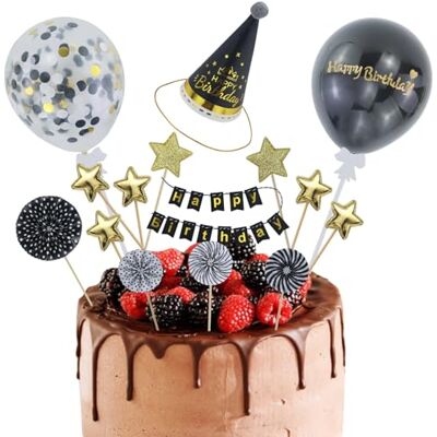 AMANDELIZABE 12 Stück Tortendeko Schwarz Gold, Happy Birthday, Kuchendeko, Cake Topper Schwarz, Papierfächer Sterne, Cupcake Tortenstecker AMANDELIZABE 12 Stück Tortendeko Schwarz Gold, Happy Birthday, Kuchendeko, Cake Topper Schwarz, Papierfächer Sterne, Cupcake Tortenstecker