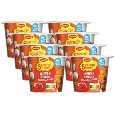 Maggi 5 Minuten Terrine Nudeln Tomaten-Mozzarella-Sauce, 8er Pack (8 x 55g) Leckeres Fertiggericht mit Instant Nudeln, Pasta-Snack in fruchtiger Sauce, vegetarisch Maggi 5 Minuten Terrine Nudeln Tomaten-Mozzarella-Sauce, 8er Pack (8 x 55g) Leckeres Fertiggericht mit Instant Nudeln, Pasta-Snack in fruchtiger Sauce, vegetarisch