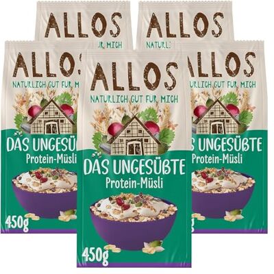 Allos Das Ungesüßte Protein-Müsli Bio Müsli Haferflocken Frühstückscerealien vegan (5 x 450g), 1 Stück (5er Pack) Allos Das Ungesüßte Protein-Müsli Bio Müsli Haferflocken Frühstückscerealien vegan (5 x 450g), 1 Stück (5er Pack)