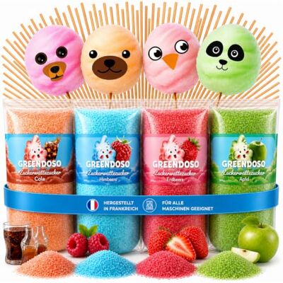 Greendoso ® Zuckerwatte Zucker Set 4x320g für Zuckerwattemaschine, 50 Stäbe Erdbeere, Cola, Himbeere, Apfel. 8 Essbare Dekorationen. Macht 45-55 Zuckerwatten. Ideal für Kindergeburtstag & Feste Greendoso ® Zuckerwatte Zucker Set 4x320g für Zuckerwattemaschine, 50 Stäbe Erdbeere, Cola, Himbeere, Apfel. 8 Essbare Dekorationen. Macht 45-55 Zuckerwatten. Ideal für Kindergeburtstag & Feste