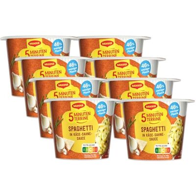 Maggi 5 Minuten Terrine Spaghetti in Käse-Sahne-Sauce, 8er Pack (8 x 62g) Leckeres Fertiggericht mit Instant Nudeln, Pasta-Snack in cremiger Sauce mit Hartkäse Maggi 5 Minuten Terrine Spaghetti in Käse-Sahne-Sauce, 8er Pack (8 x 62g) Leckeres Fertiggericht mit Instant Nudeln, Pasta-Snack in cremiger Sauce mit Hartkäse
