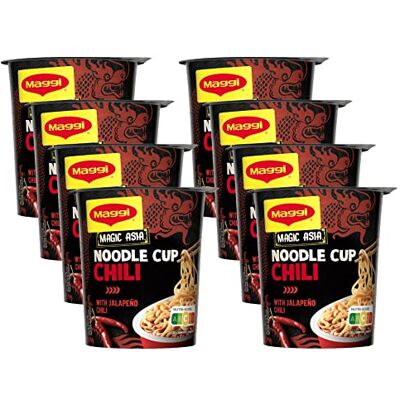 Maggi Magic Asia Noodle Cup Chili, leckeres Fertiggericht in Brühe mit scharfer Chili-Gewürzmischung im praktischen Becher, 8er Pack (8 x 63g) Maggi Magic Asia Noodle Cup Chili, leckeres Fertiggericht in Brühe mit scharfer Chili-Gewürzmischung im praktischen Becher, 8er Pack (8 x 63g)