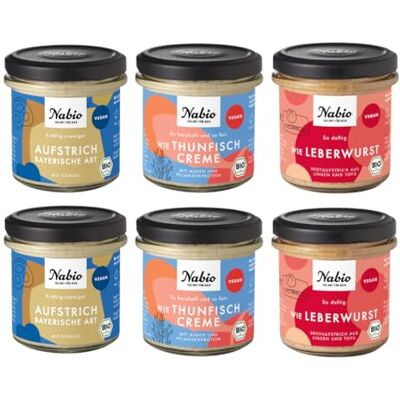 NABIO Vegane Brotzeitbox 6er Box Bio-Aufstriche I 2x Aufstrich bayerische Art, 2x Wie Leberwurst, 2x Wie Thunfischcreme I vegan I (6 x 135g) NABIO Vegane Brotzeitbox 6er Box Bio-Aufstriche I 2x Aufstrich bayerische Art, 2x Wie Leberwurst, 2x Wie Thunfischcreme I vegan I (6 x 135g)