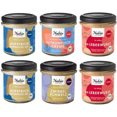 NABIO Herzhafte Brotzeitbox I 6er Box Bio-Aufstriche I 2x Aufstrich bayerische Art, 2x Wie Leberwurst, 1x Wie Thunfischcreme, 1x Zwiebelschmelz I vegan I (6 x 135g) NABIO Herzhafte Brotzeitbox I 6er Box Bio-Aufstriche I 2x Aufstrich bayerische Art, 2x Wie Leberwurst, 1x Wie Thunfischcreme, 1x Zwiebelschmelz I vegan I (6 x 135g)