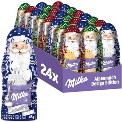 Milka Weihnachtsmann Alpenmilch Design Edition, 45 g (24er-Pack) Zarte Alpenmilchschokolade als Weihnachtsmann in 3 festlichen Design-Motiven Milka Weihnachtsmann Alpenmilch Design Edition, 45 g (24er-Pack) Zarte Alpenmilchschokolade als Weihnachtsmann in 3 festlichen Design-Motiven