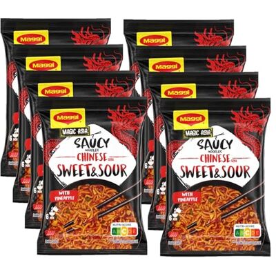 Maggi Magic Asia Chinese Style Sweet and Sour Noodles, leckeres Fertiggericht mit asiatischen Instant Nudel, große Portion mit Sauce im Süß-Sauer Geschmack, 8er Pack (8 x 128g) Maggi Magic Asia Chinese Style Sweet and Sour Noodles, leckeres Fertiggericht mit asiatischen Instant Nudel, große Portion mit Sauce im Süß-Sauer Geschmack, 8er Pack (8 x 128g)