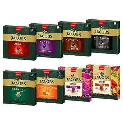 Jacobs Kaffeekapseln Vielfaltsbox, 8 Sorten, 6 x 20 + 2 x 18 Getränke, Nespresso* kompatible Kaffee Kapseln, 156 Kapseln Jacobs Kaffeekapseln Vielfaltsbox, 8 Sorten, 6 x 20 + 2 x 18 Getränke, Nespresso* kompatible Kaffee Kapseln, 156 Kapseln