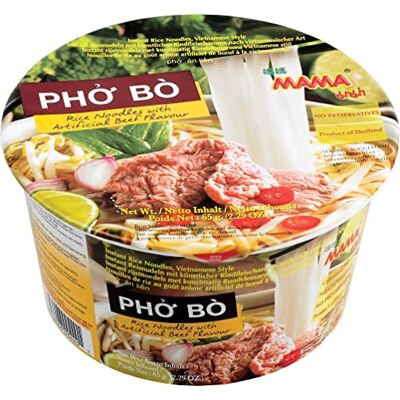 MAMA Instant-Bowl-Reisnudeln Pho Bo mit Rindfleischgeschmack – Instantnudelsuppe orientalischer Art – Authentisch thailändisch kochen – 6 x 65 g MAMA Instant-Bowl-Reisnudeln Pho Bo mit Rindfleischgeschmack – Instantnudelsuppe orientalischer Art – Authentisch thailändisch kochen – 6 x 65 g