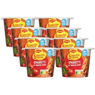 Maggi 5 Minuten Terrine Spaghetti in Tomaten-Sauce, leckeres Fertiggericht mit Instant Nudeln, Pasta-Snack in fruchtiger Sauce, vegetarisch, 8er Pack (8 x 60g) Maggi 5 Minuten Terrine Spaghetti in Tomaten-Sauce, leckeres Fertiggericht mit Instant Nudeln, Pasta-Snack in fruchtiger Sauce, vegetarisch, 8er Pack (8 x 60g)