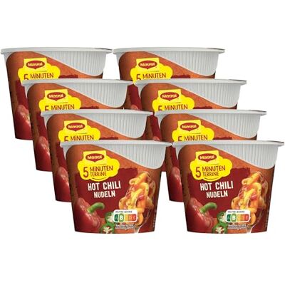 Maggi 5 Minuten Terrine Hot Chili Nudeln, leckeres Fertiggericht mit Instant Nudeln, pikanter Pasta-Snack mit scharfen Jalapeño-Chilis, 8er Pack (8 x 59g) Maggi 5 Minuten Terrine Hot Chili Nudeln, leckeres Fertiggericht mit Instant Nudeln, pikanter Pasta-Snack mit scharfen Jalapeño-Chilis, 8er Pack (8 x 59g)
