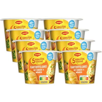 Maggi 5 Minuten Terrine Kartoffelbrei mit Erbsen & Möhr, 8er Pack (8 x 43g) Leckeres Fertiggericht mit Kartoffelpüree mit Gemüse, cremig herzhafter Kartoffel-Snack, vegetarisch Maggi 5 Minuten Terrine Kartoffelbrei mit Erbsen & Möhr, 8er Pack (8 x 43g) Leckeres Fertiggericht mit Kartoffelpüree mit Gemüse, cremig herzhafter Kartoffel-Snack, vegetarisch