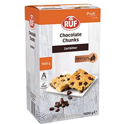 RUF Chocolate Chunks Zartbitter, backfeste, dunkle Schokoladen-Tropfen, XXL Schoko-Drops zum Backen, vegane Schokoladen-Stücke, glutenfrei, Großpackung 1x1000g RUF Chocolate Chunks Zartbitter, backfeste, dunkle Schokoladen-Tropfen, XXL Schoko-Drops zum Backen, vegane Schokoladen-Stücke, glutenfrei, Großpackung 1x1000g