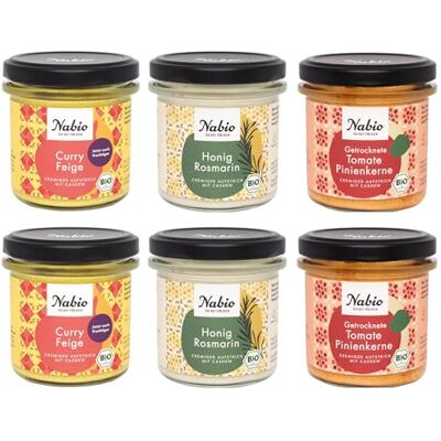 NABIO Vegetarische Aufstrich-Creme 6er Box I 2x Curry Feige, 2x Honig Rosmarin, 2x Getrocknete Tomate Pinienkerne I extra cremig mit Cashew I (6x 135 g) NABIO Vegetarische Aufstrich-Creme 6er Box I 2x Curry Feige, 2x Honig Rosmarin, 2x Getrocknete Tomate Pinienkerne I extra cremig mit Cashew I (6x 135 g)