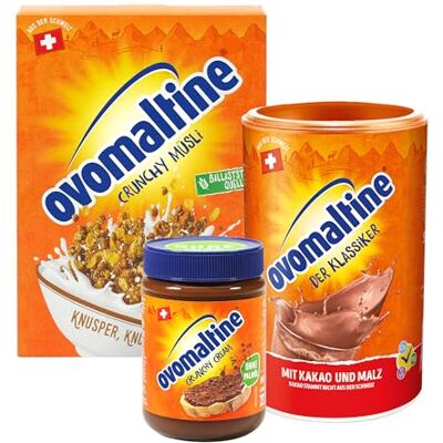 OVOMALTINE Frühstücks TRIO mit Crunchy Cream Brotaufstrich, Crunchy Müsli & Klassiker Kakao-Pulver mit echter Schweizer Schokolade & Rainforest zertifiziertem Kakao OVOMALTINE Frühstücks TRIO mit Crunchy Cream Brotaufstrich, Crunchy Müsli & Klassiker Kakao-Pulver mit echter Schweizer Schokolade & Rainforest zertifiziertem Kakao
