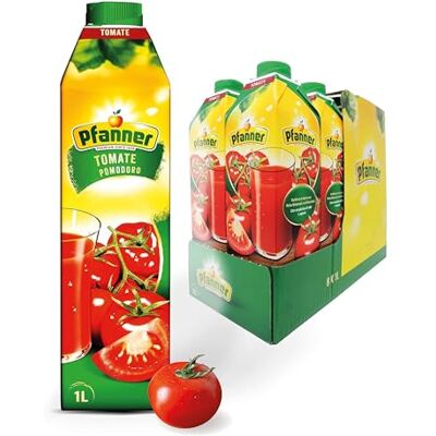 Pfanner Tomatensaft (8 x 1 l) – Fruchtsaft, fein püriert, fruchtig-würzig und mit 100% natürlichen Zutaten – 99% Saftgehalt aus Tomaten – im Vorratspack Pfanner Tomatensaft (8 x 1 l) – Fruchtsaft, fein püriert, fruchtig-würzig und mit 100% natürlichen Zutaten – 99% Saftgehalt aus Tomaten – im Vorratspack
