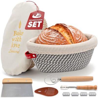 Levaine Levainé Sauerteig Starter Set mit 2 ovalen Gärkörbchen aus Baumwollseil – Brot Backen Zubehör, Sauerteig Zubehör, Gärkörbchen Set, Gärkorb für Sauerteigbrot, Brotback Set Levaine Levainé Sauerteig Starter Set mit 2 ovalen Gärkörbchen aus Baumwollseil – Brot Backen Zubehör, Sauerteig Zubehör, Gärkörbchen Set, Gärkorb für Sauerteigbrot, Brotback Set